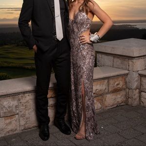 silver sequined prom dress